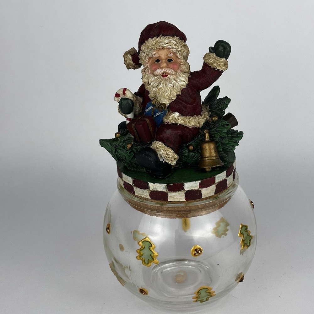 Vintage Kirkland's Santa Lidded Glass Candy Jar New With Original Box Cookie Jar